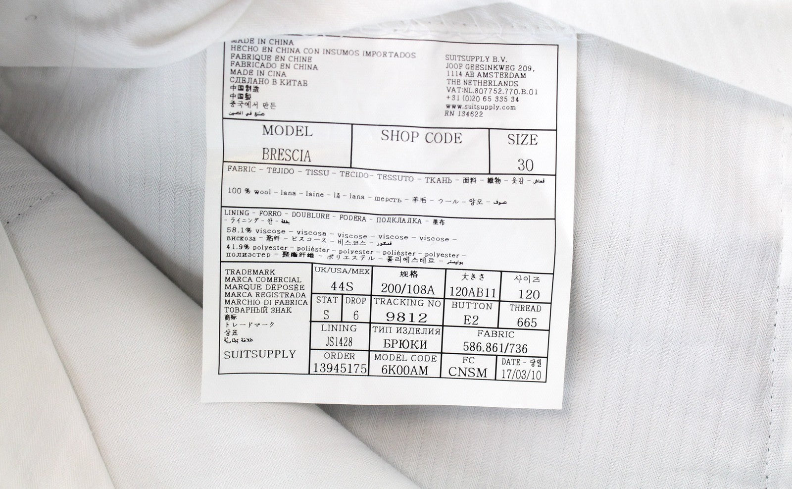 SUITSUPPLY UK44S Brescia Navy Men's Wool Formal Trousers Pleated