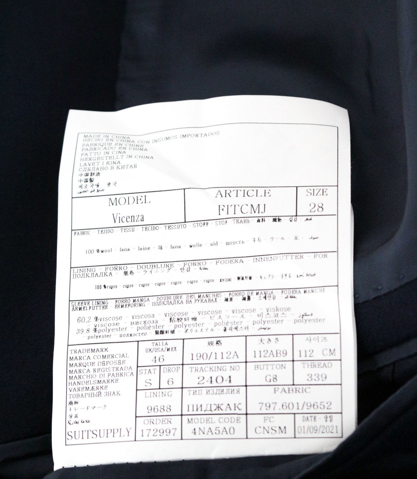 SUITSUPPLY Vicenza Men's Wool Coat UK46S Navy Single Breasted Lined