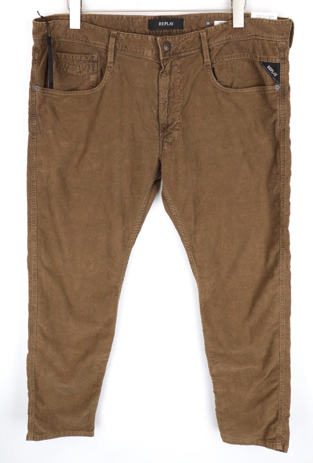 REPLAY Anbass Men's W38/L30 Brown Slim Fit Corduroy Stretch Trousers