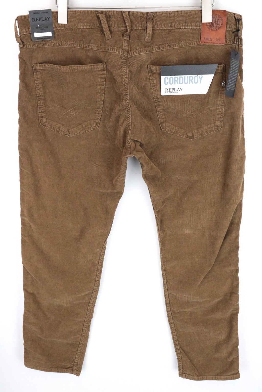 REPLAY Anbass Men's W38/L30 Brown Slim Fit Corduroy Stretch Trousers
