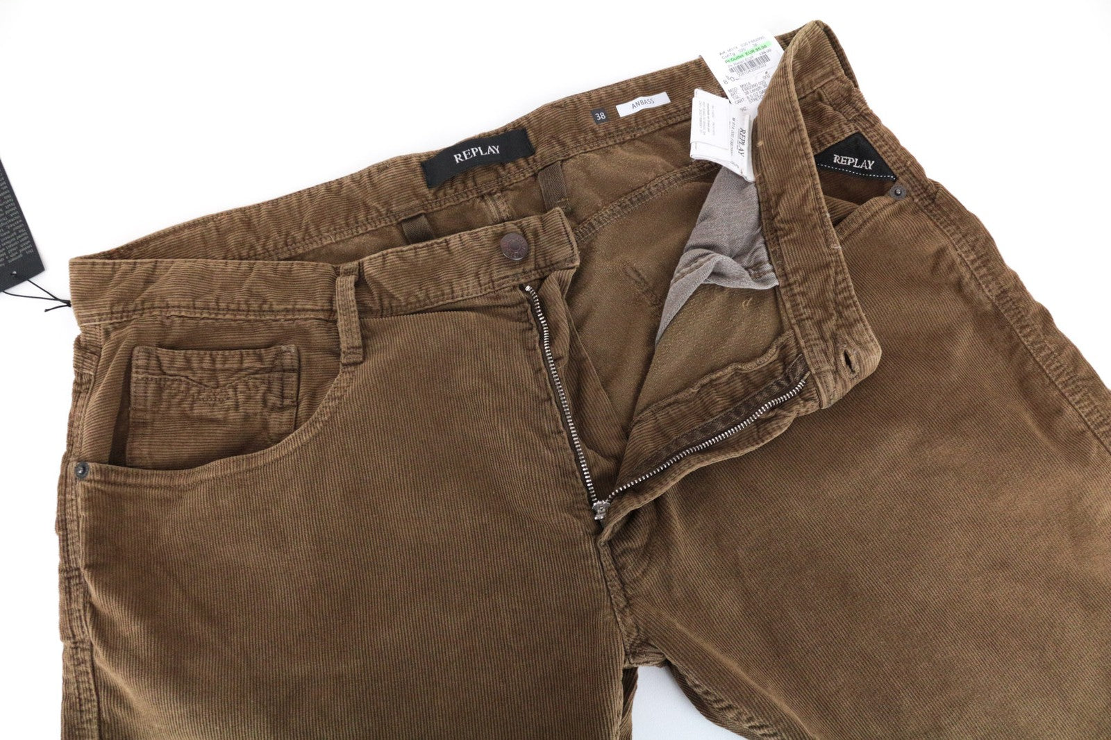 REPLAY Anbass Men's W38/L30 Brown Slim Fit Corduroy Stretch Trousers