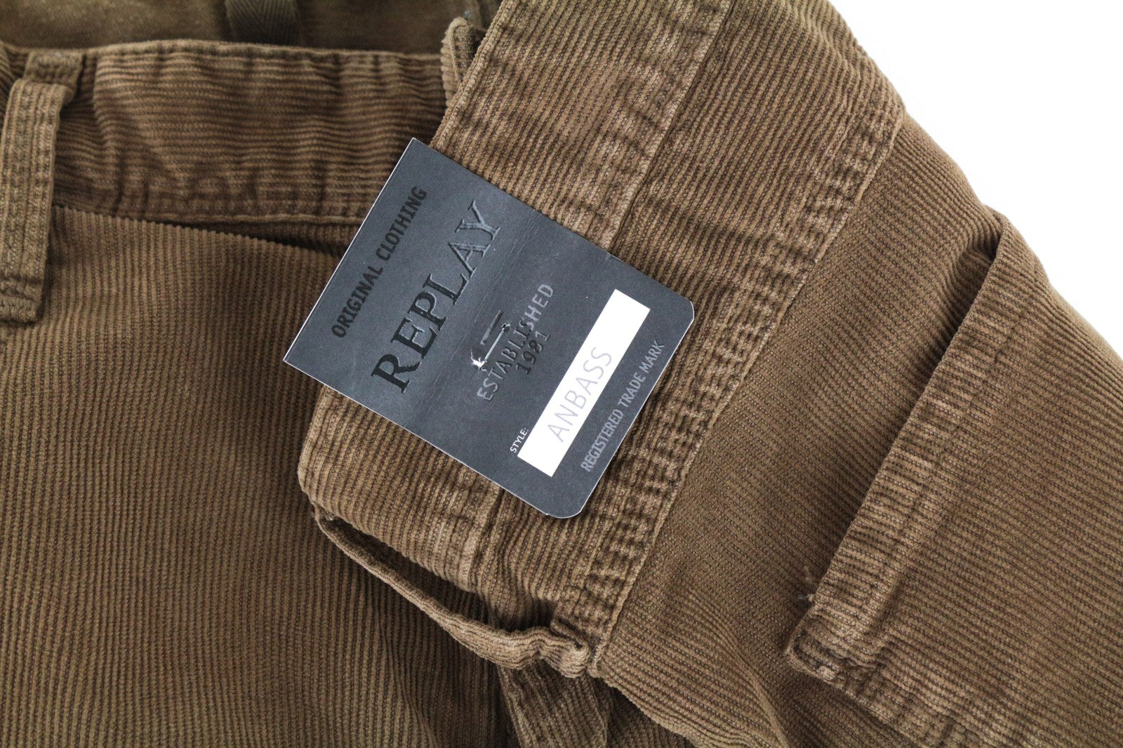 REPLAY Anbass Men's W38/L30 Brown Slim Fit Corduroy Stretch Trousers