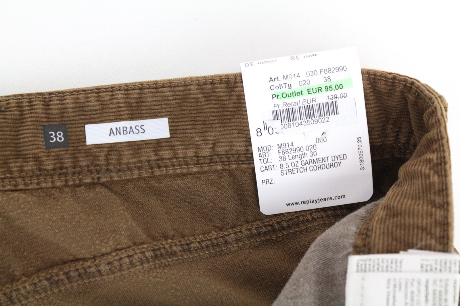 REPLAY Anbass Men's W38/L30 Brown Slim Fit Corduroy Stretch Trousers