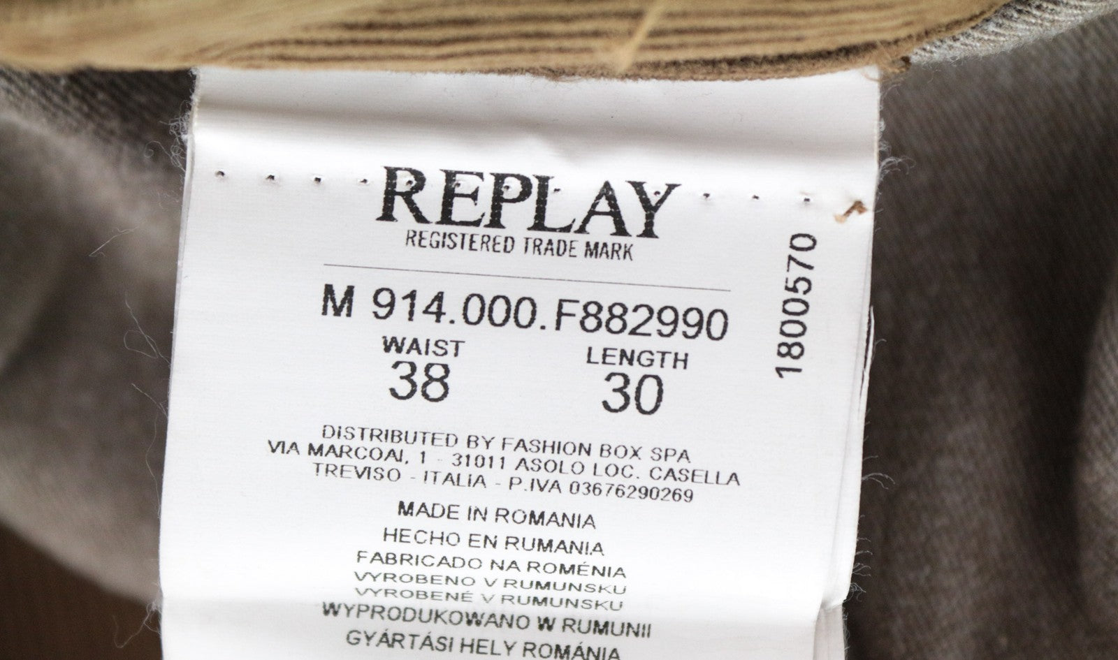 REPLAY Anbass Men's W38/L30 Brown Slim Fit Corduroy Stretch Trousers