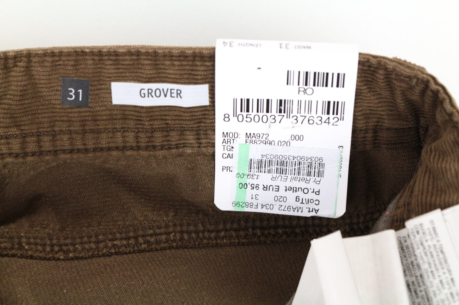 REPLAY Grover Men's Trousers W31/L34 Brown Straight Fit Corduroy