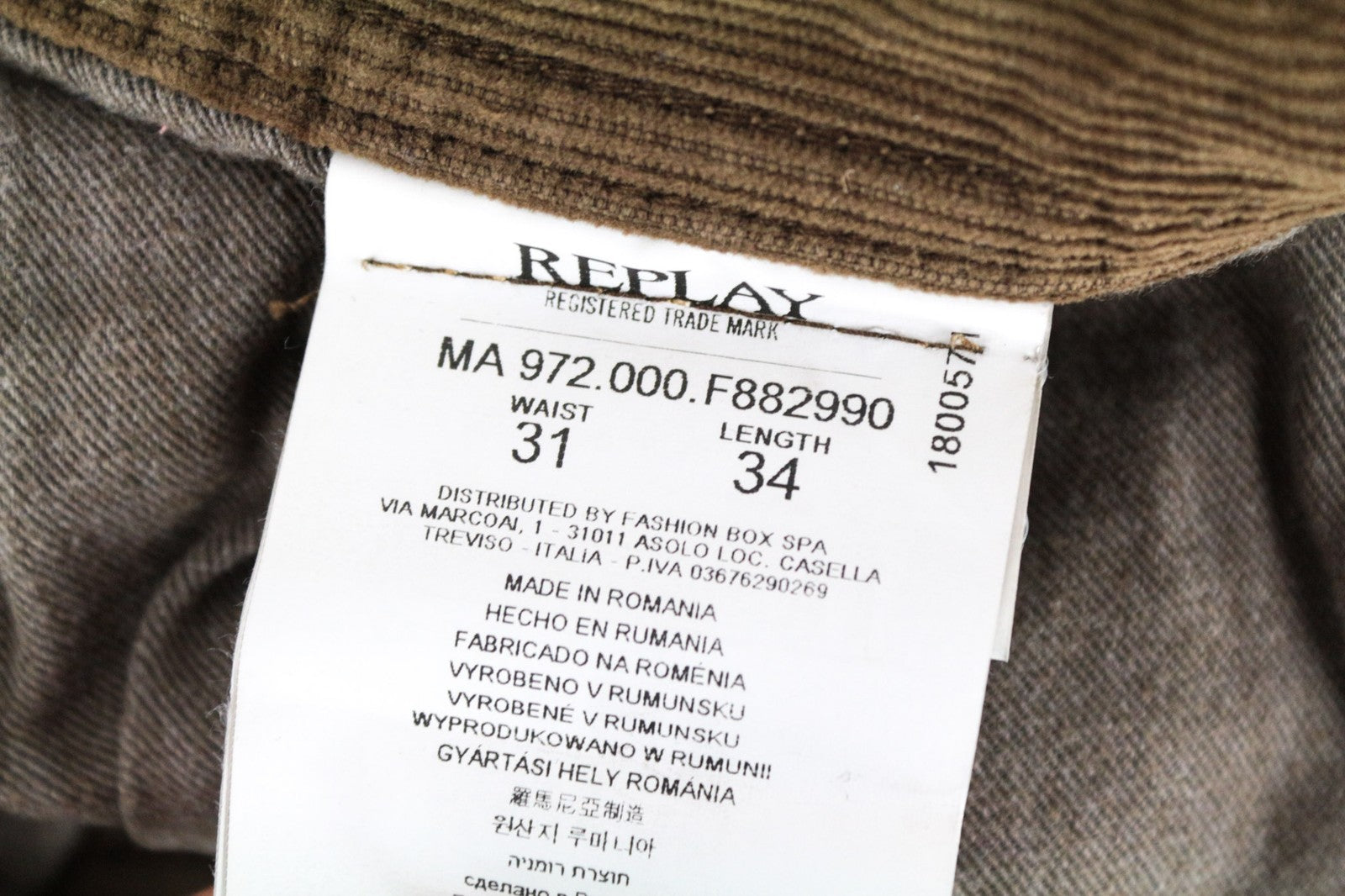 REPLAY Grover Men's Trousers W31/L34 Brown Straight Fit Corduroy