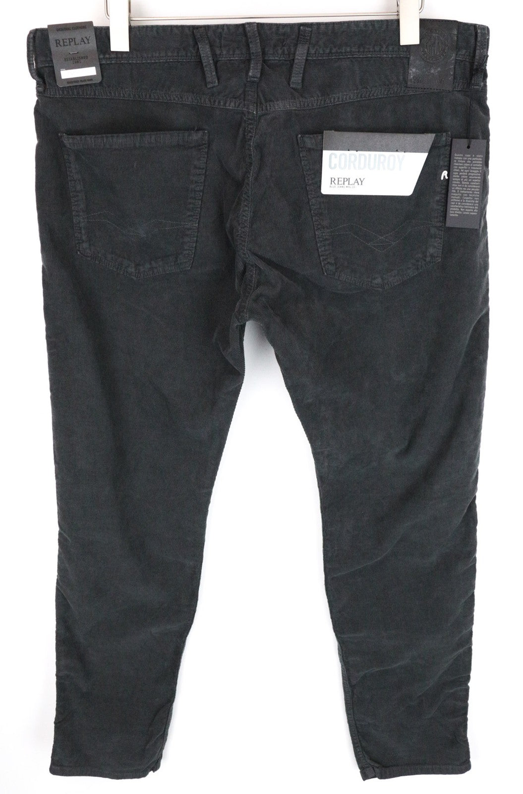 REPLAY Anbass Men's Trousers W38/L34 Grey Slim Stretch Corduroy