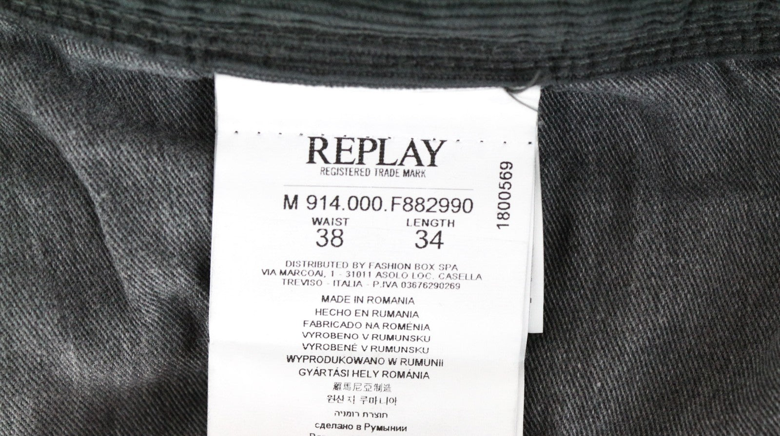 REPLAY Anbass Men's Trousers W38/L34 Grey Slim Stretch Corduroy