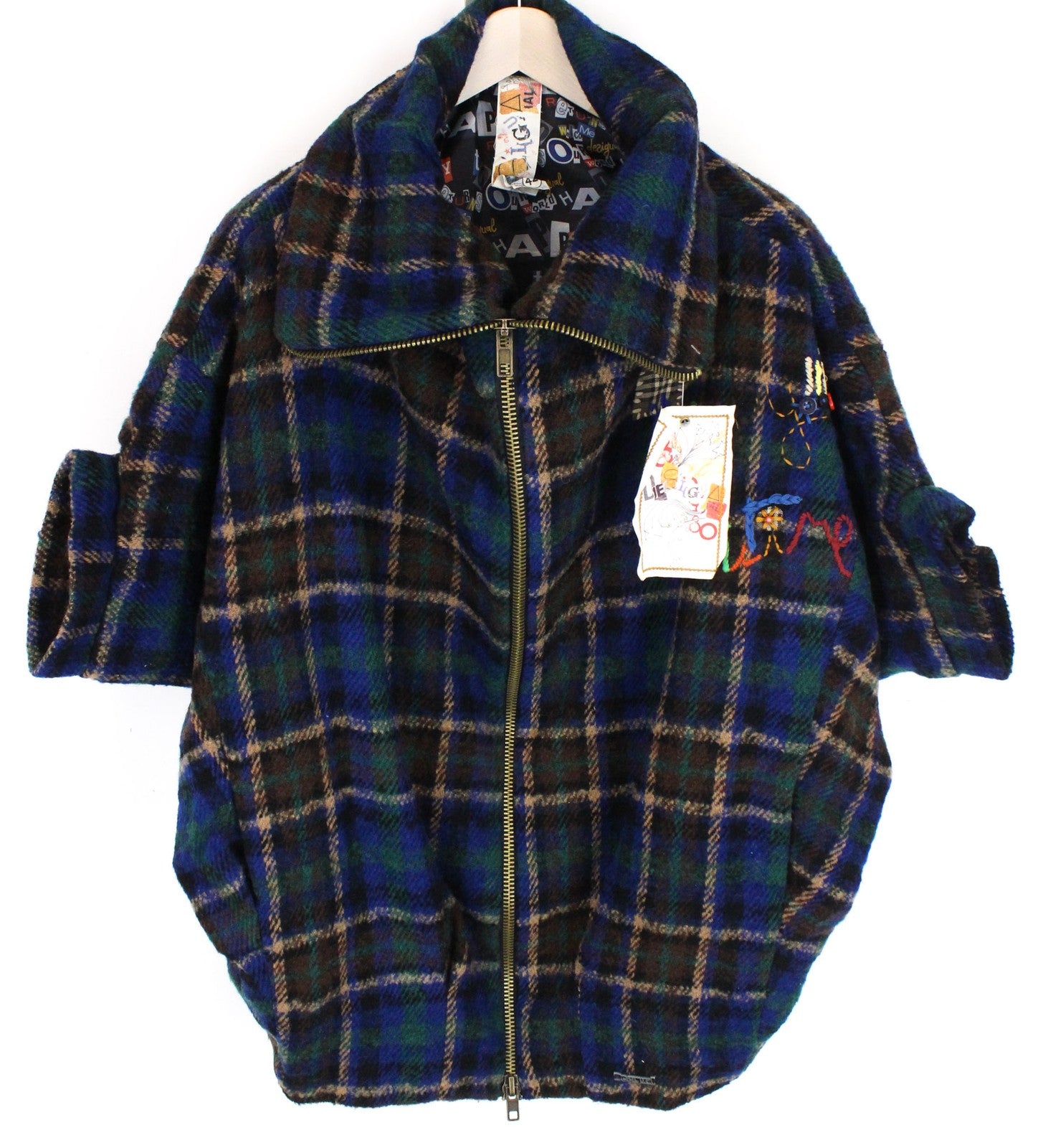 DESIGUAL Women's Jacket 42 Blue Wool Blend Check Short Sleeve Casual