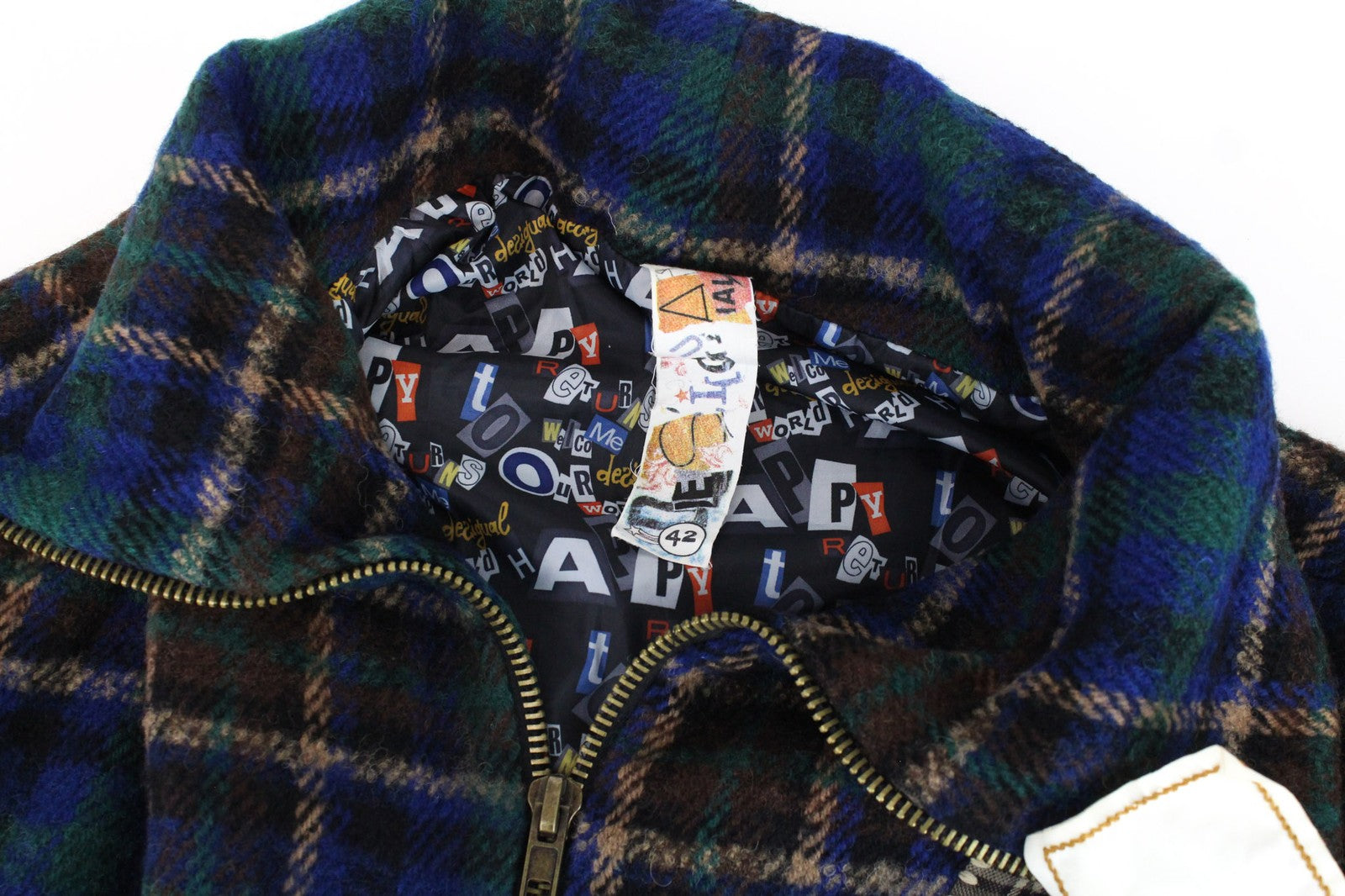 DESIGUAL Women's Jacket 42 Blue Wool Blend Check Short Sleeve Casual