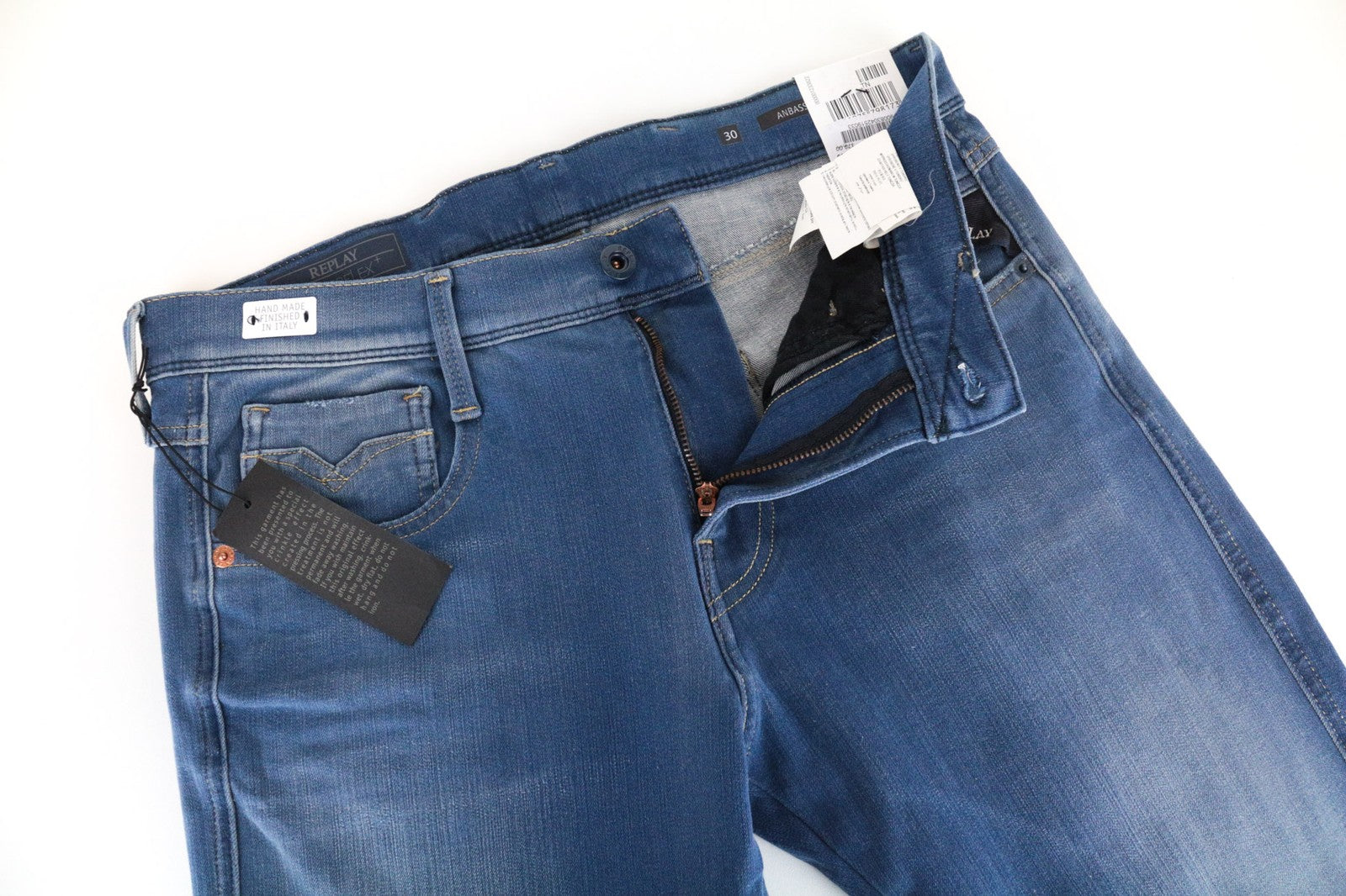 REPLAY Anbass Men's W30/L34 Blue Slim Cotton Blend Stretch Jeans