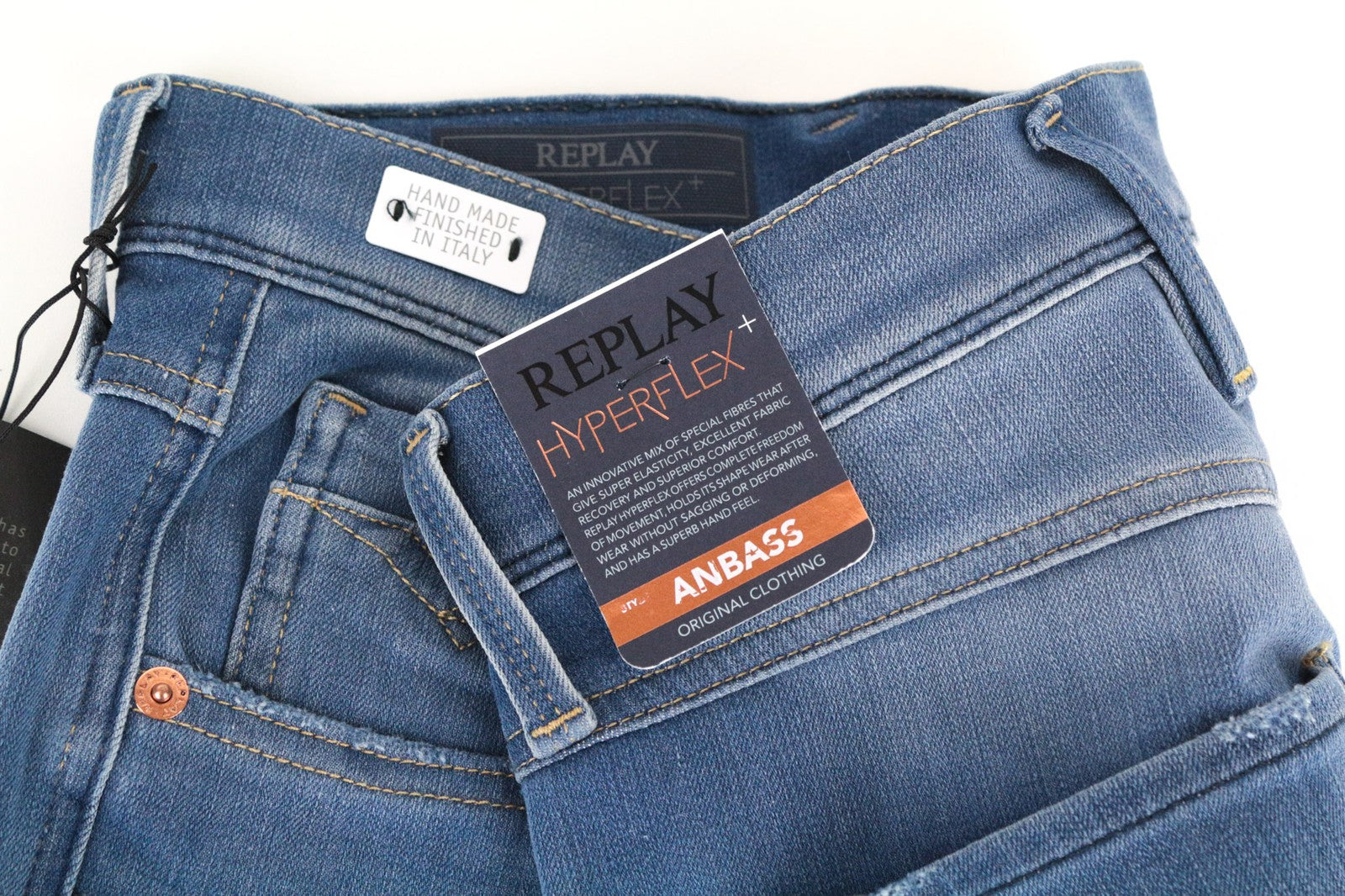 REPLAY Anbass Men's W30/L34 Blue Slim Cotton Blend Stretch Jeans