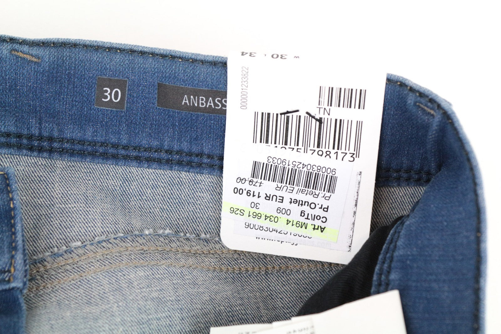 REPLAY Anbass Men's W30/L34 Blue Slim Cotton Blend Stretch Jeans