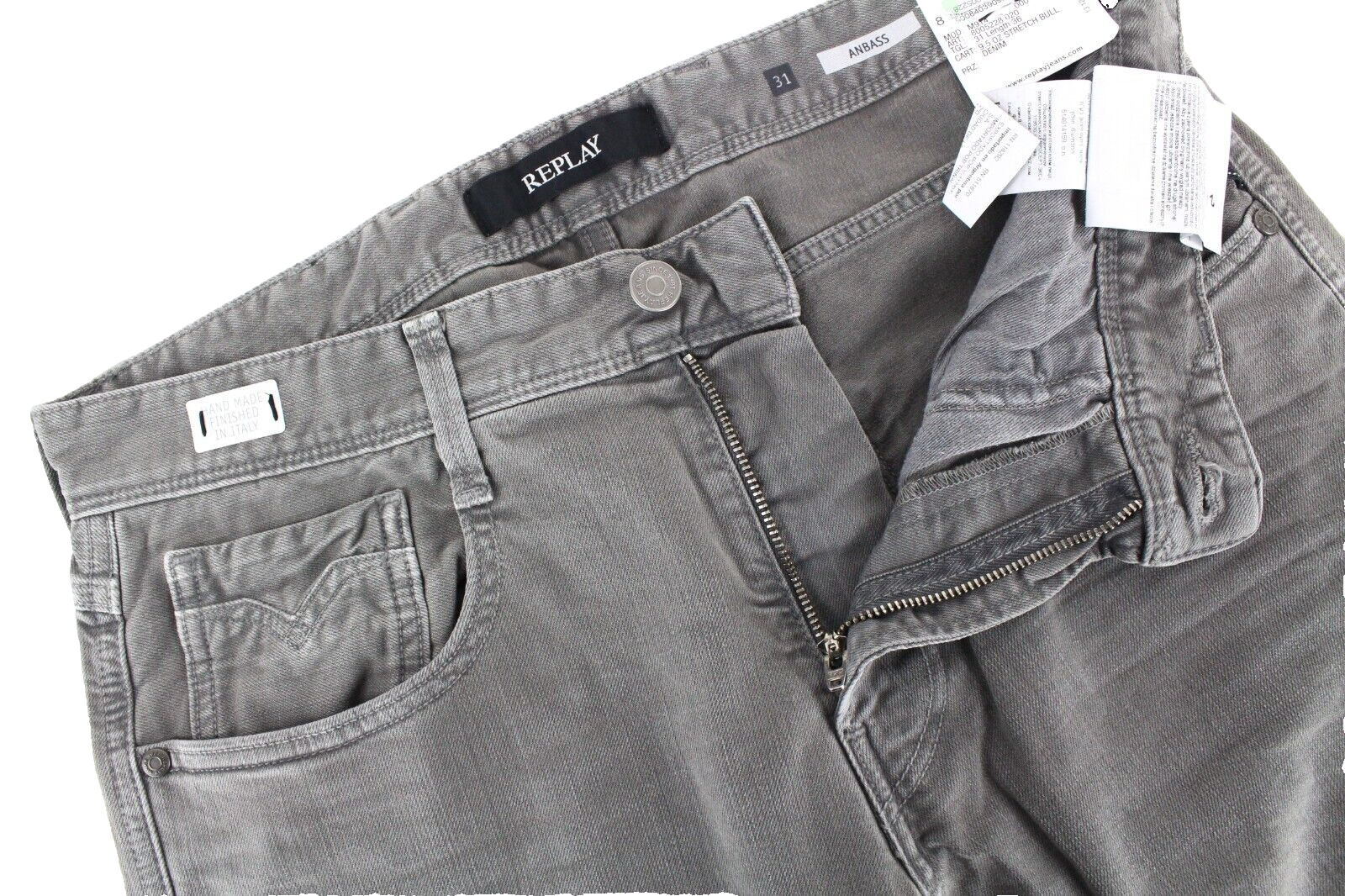 REPLAY Anbass Men Jeans W31/L36 Grey Washed Cotton Slim Fit 5-Pocket Stretch