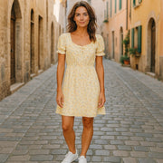 LAUREN RALPH LAUREN Women Dress M Yellow Short Puff Sleeve Floral Print Mini