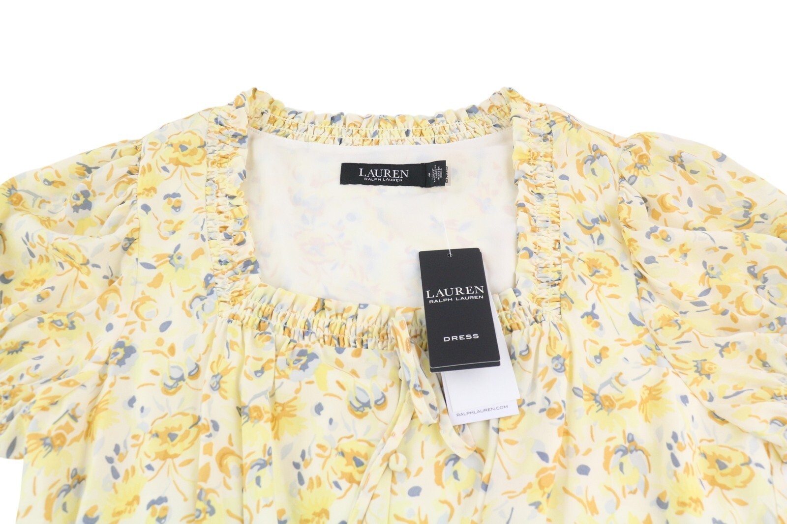 LAUREN RALPH LAUREN Women Dress M Yellow Short Puff Sleeve Floral Print Mini