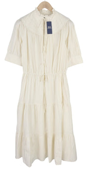 RALPH LAUREN Elia Women Dress S White 3/4 Sleeve Ruffle Collar Cotton Midi