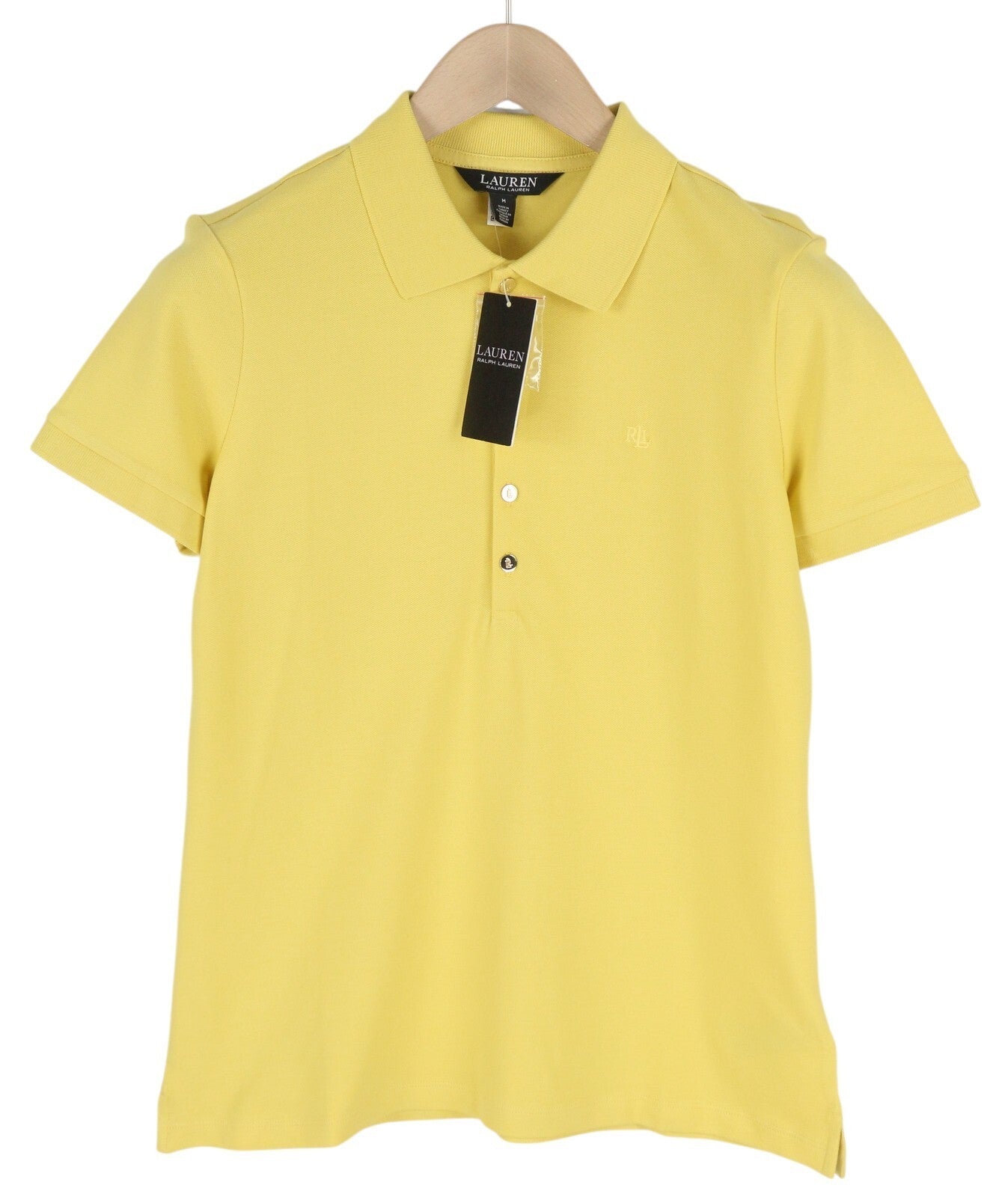 LAUREN RALPH LAUREN Women T-Shirt M Yellow Short Sleeve Polo Neck Cotton Logo