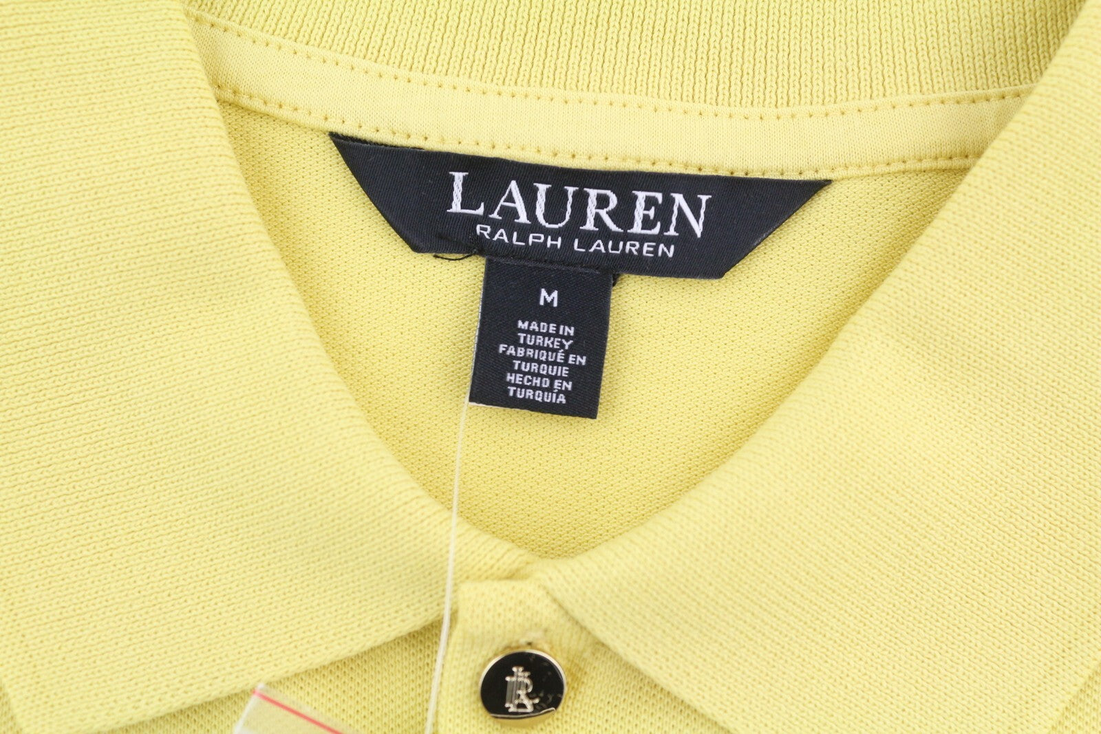 LAUREN RALPH LAUREN Women T-Shirt M Yellow Short Sleeve Polo Neck Cotton Logo
