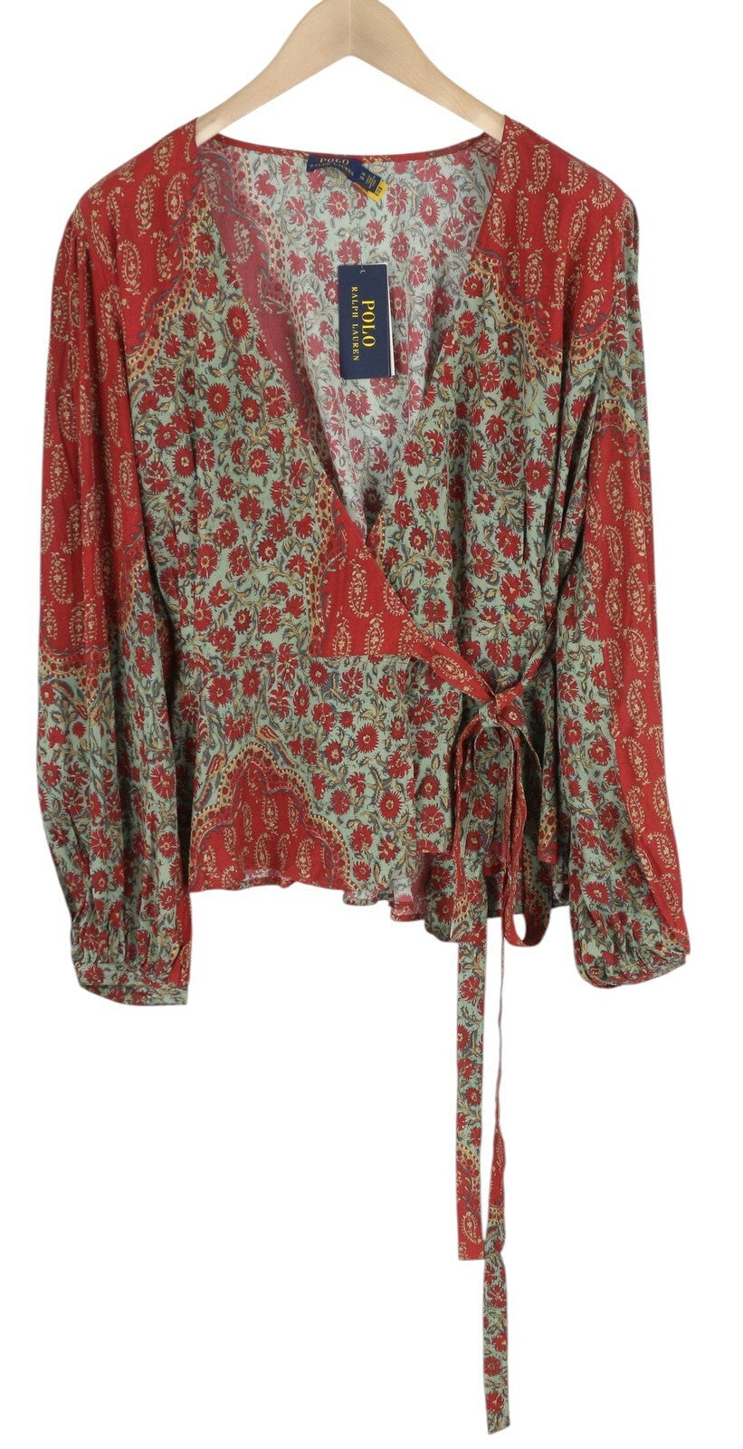 RALPH LAUREN Women Blouse XL Long Sleeve Floral Print Crepe Wrap RRP339