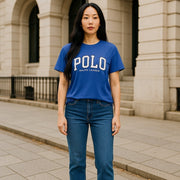 RALPH LAUREN Women T-Shirt M Blue Short Sleeve Crew Neck Tricot Casual