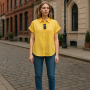 LAUREN RALPH LAUREN Women Shirt L Yellow Short Sleeve Linen Buttoned Spread