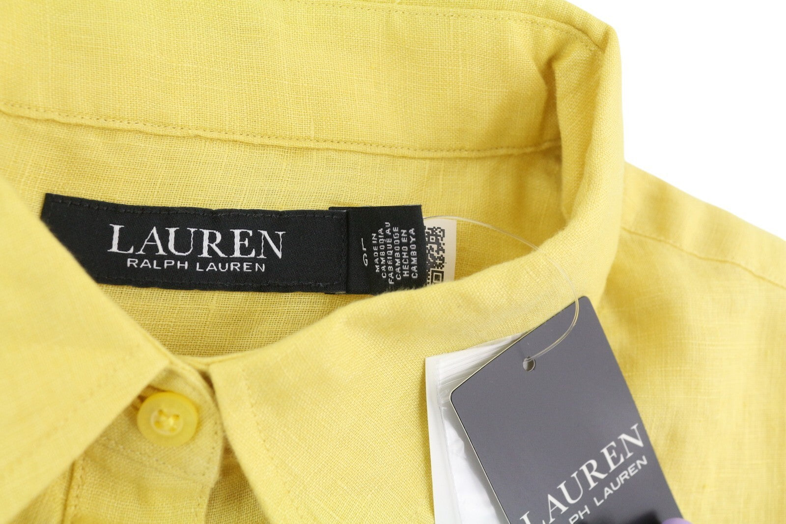 LAUREN RALPH LAUREN Women Shirt L Yellow Short Sleeve Linen Buttoned Spread