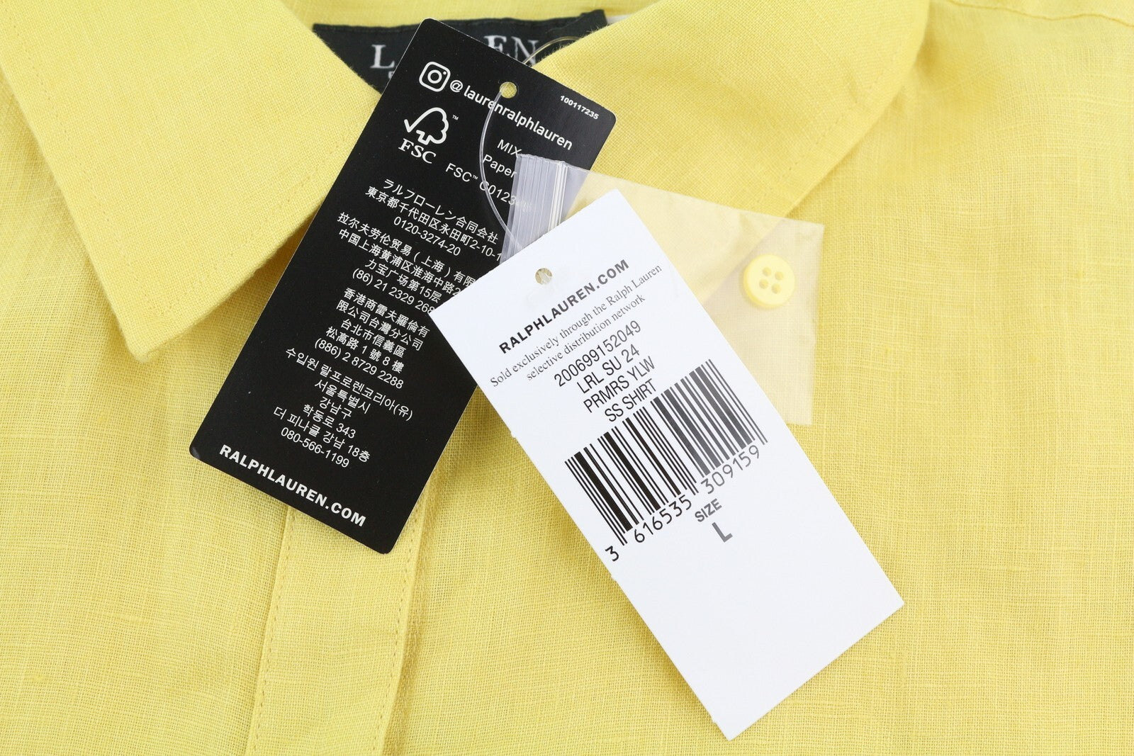 LAUREN RALPH LAUREN Women Shirt L Yellow Short Sleeve Linen Buttoned Spread