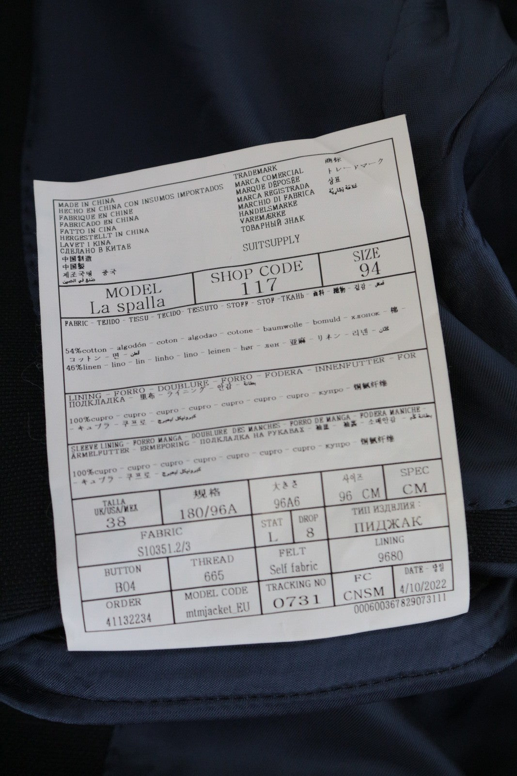 SUITSUPPLY La Spalla Men's Blazer UK38L Blue Slim Cotton Linen Formal