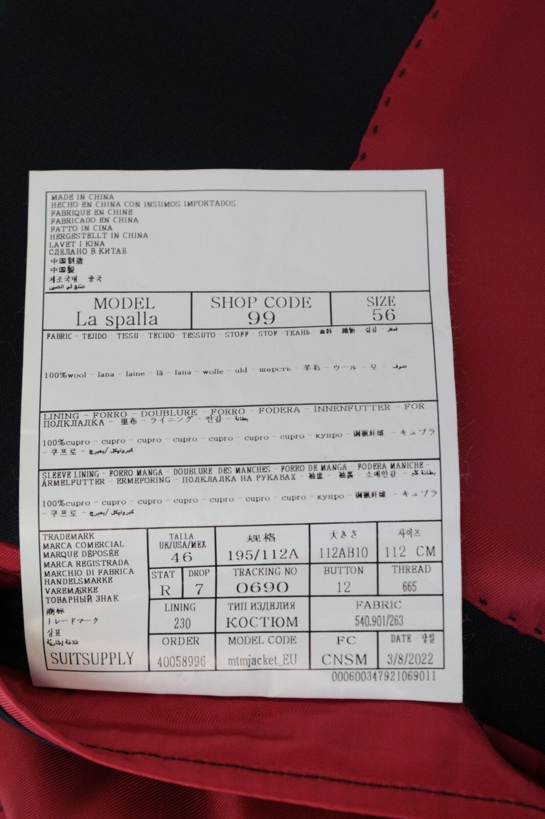 SUITSUPPLY La Spalla Men's Suit UK46R Blue Slim Wool Peak Lapel 2 Piece