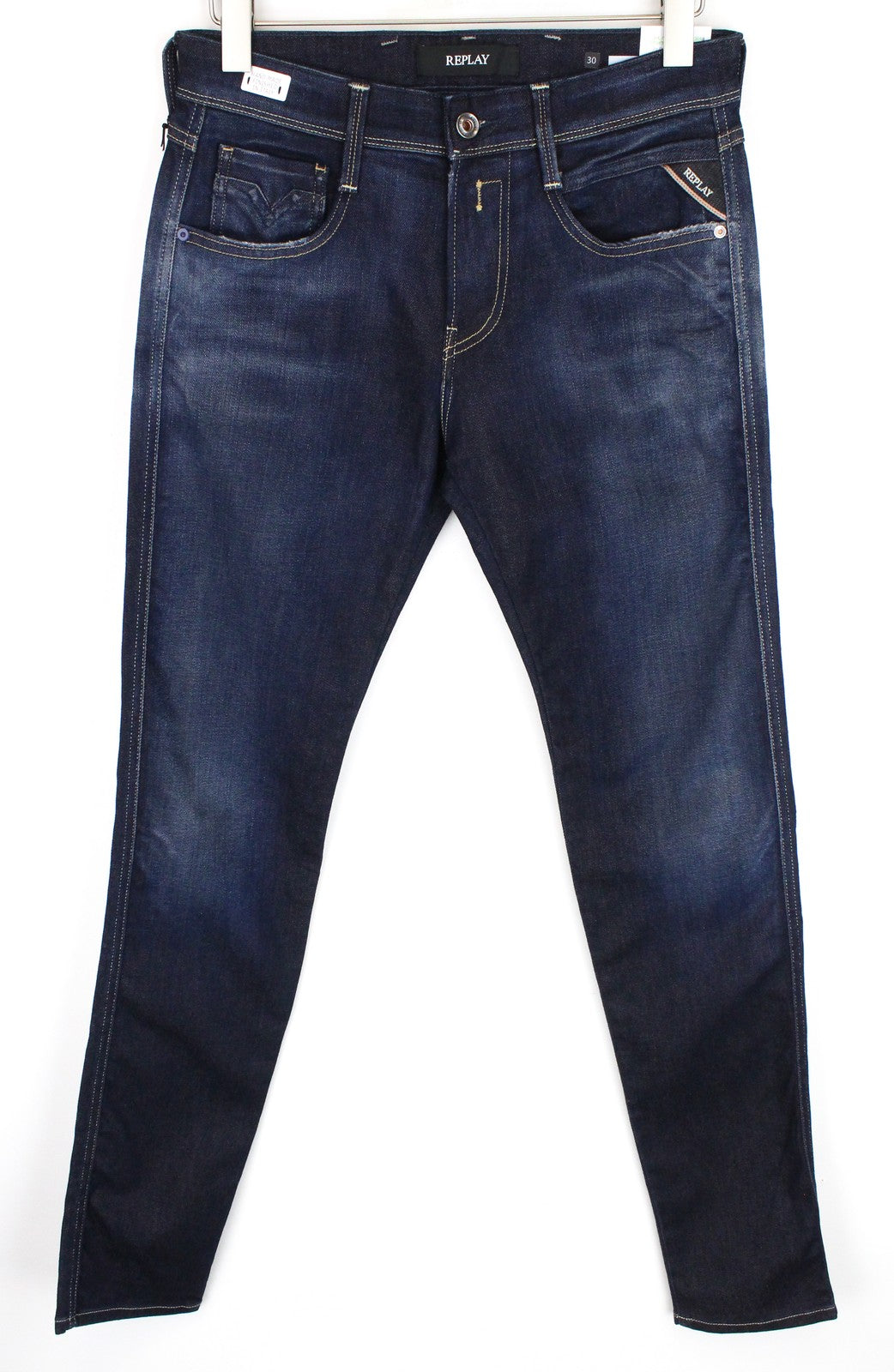 REPLAY Anbass vyriški džinsai W30/L34 tamsiai mėlyni, ploni, su užtrauktuku ir „Ice Blast“ tamprūs. 