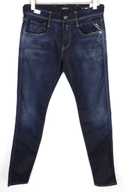 REPLAY Anbass vyriški džinsai W30/L34 tamsiai mėlyni, ploni, su užtrauktuku ir „Ice Blast“ tamprūs. 