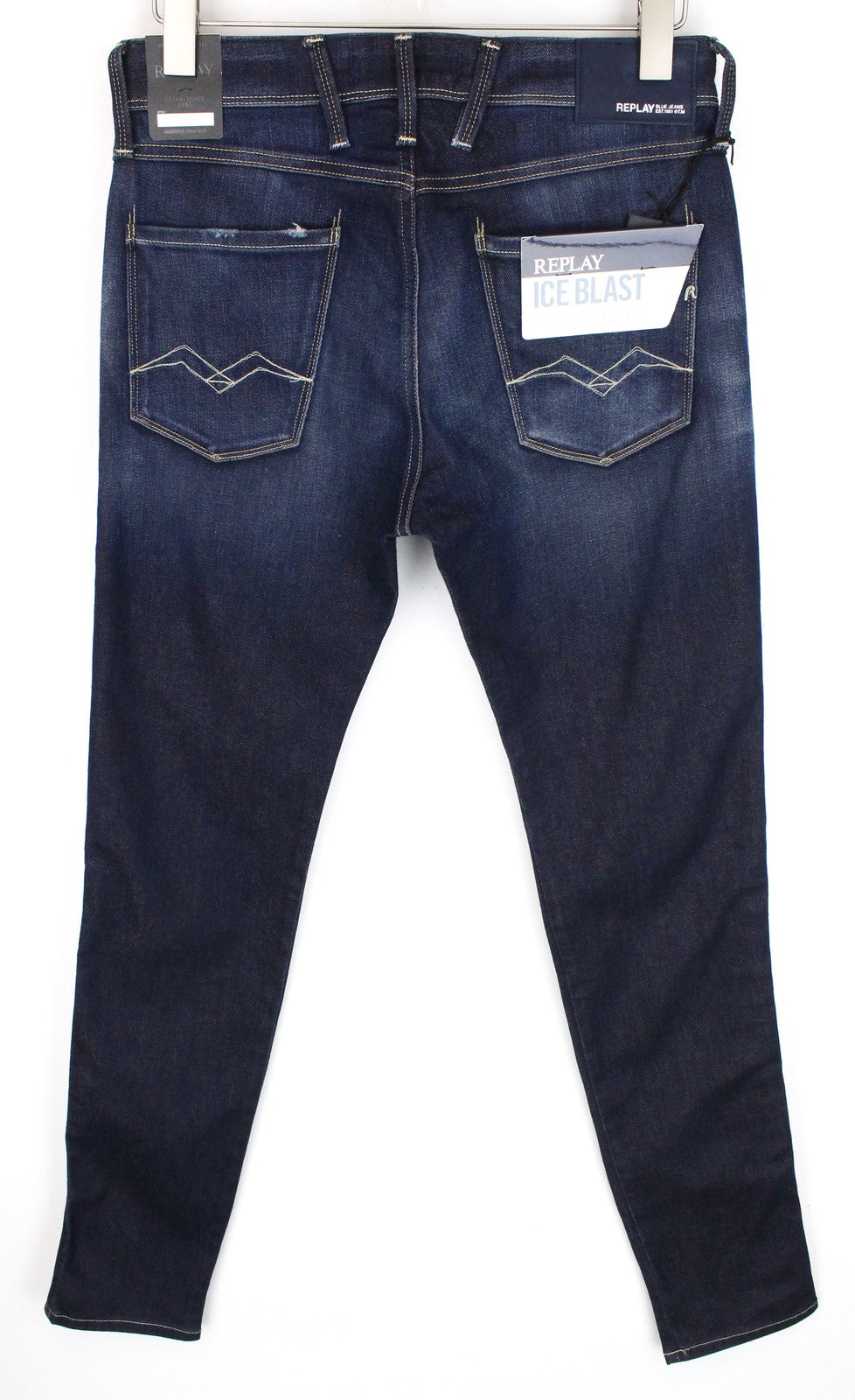 REPLAY Anbass vyriški džinsai W30/L34 tamsiai mėlyni, ploni, su užtrauktuku ir „Ice Blast“ tamprūs. 