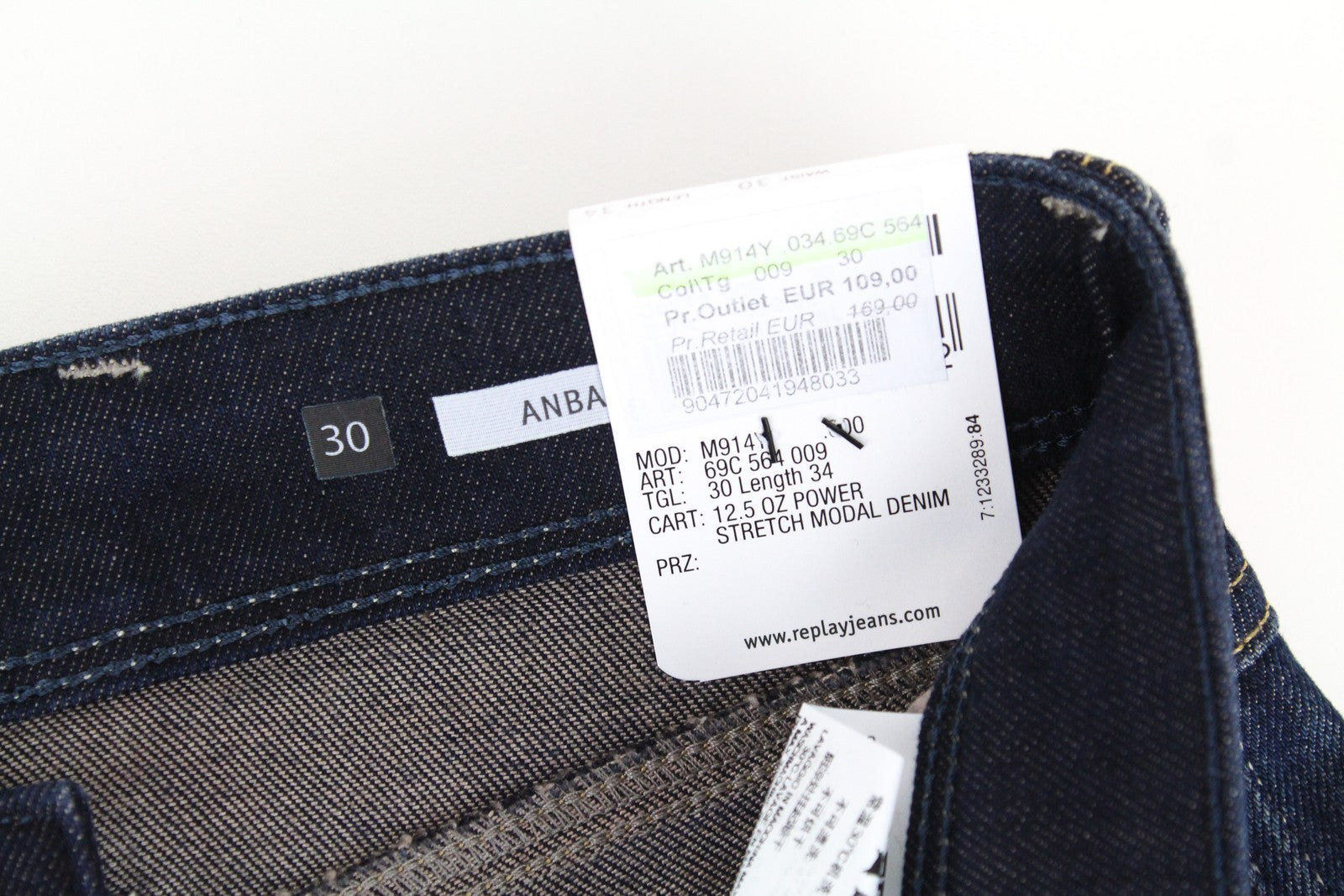 REPLAY Anbass vyriški džinsai W30/L34 tamsiai mėlyni, ploni, su užtrauktuku ir „Ice Blast“ tamprūs. 