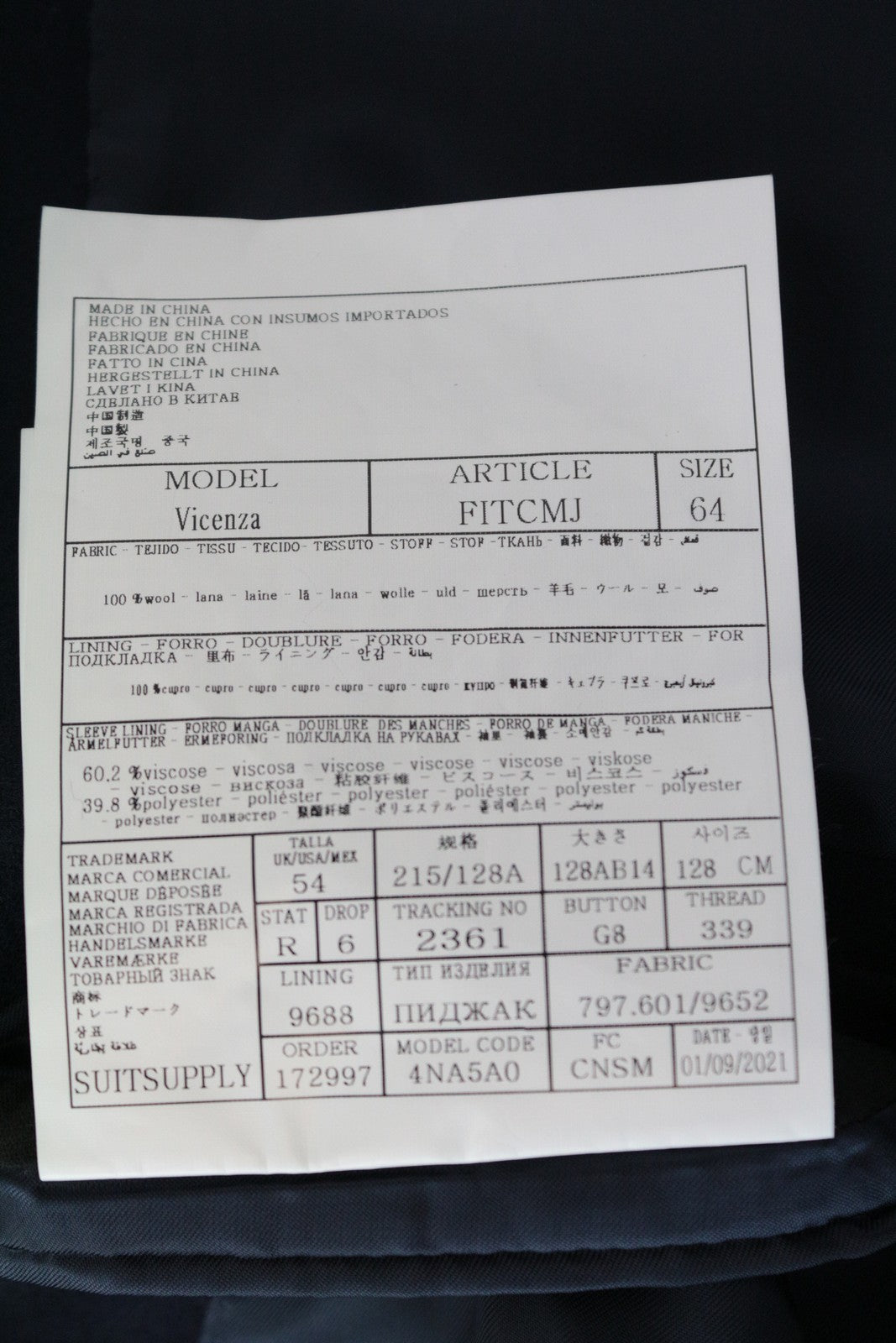 SUITSUPPLY Vicenza Men's Coat UK54R Navy Wool Single-Breasted Mid Overcoat