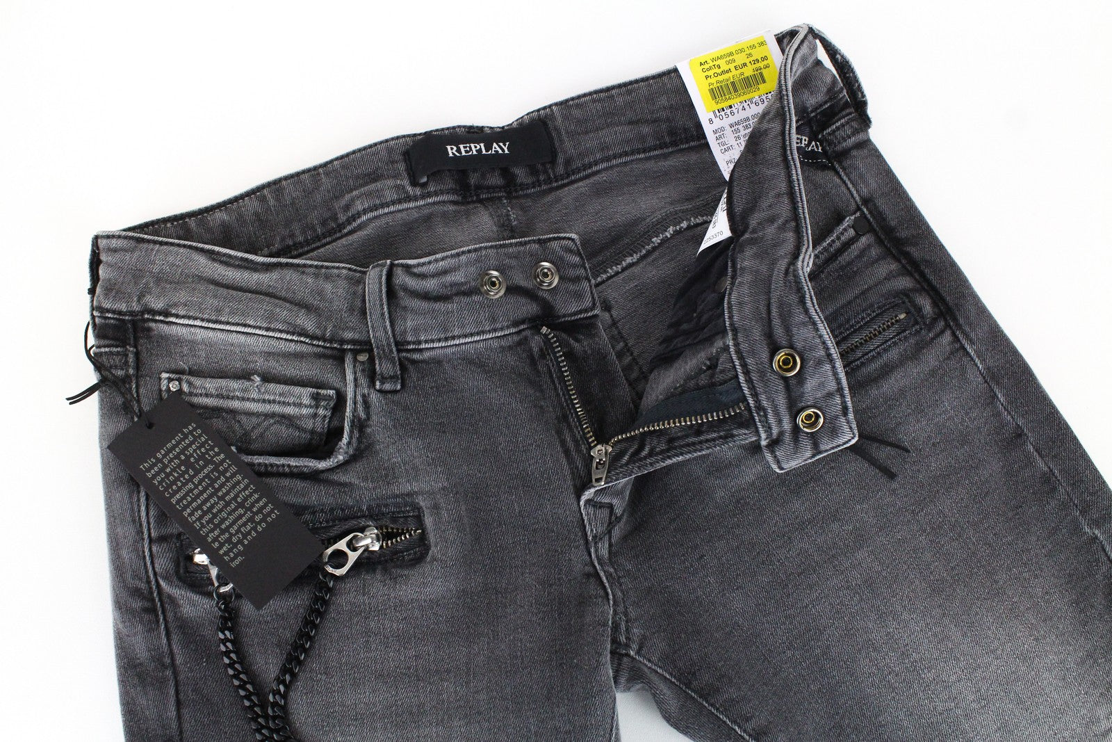 REPLAY Women's Jeans W26/L30 Mid-Grey Skinny Biker Stretch Denim Chained