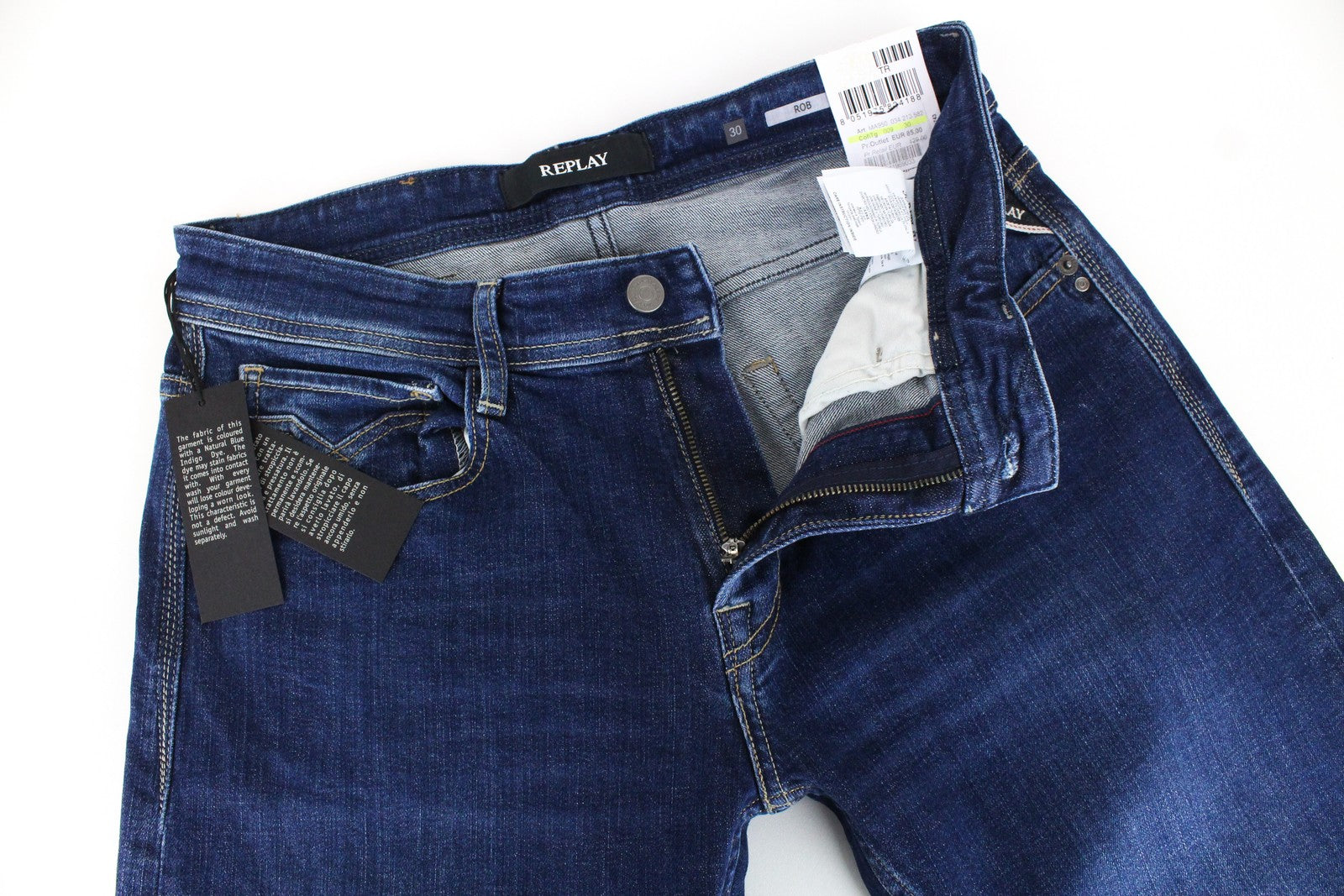 REPLAY Rob vyriški džinsai W30/L34 mėlyni, tiesūs, siaurėjantys, tamprūs, klasikiniai, su užtrauktuku 