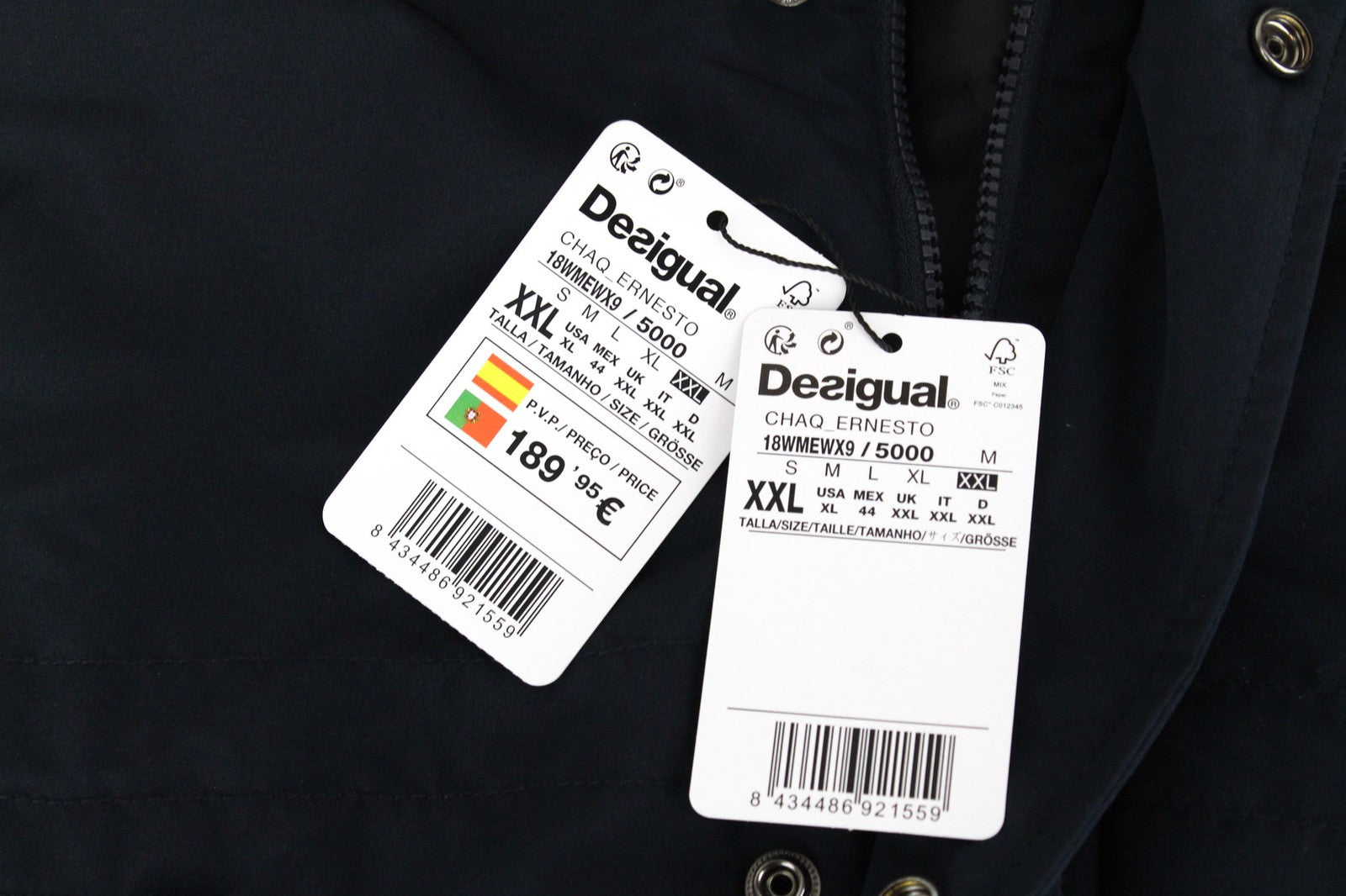 DESIGUAL Ernesto Men's Jacket 2XL Blue Hooded Zip-Up Lined Designer Coat