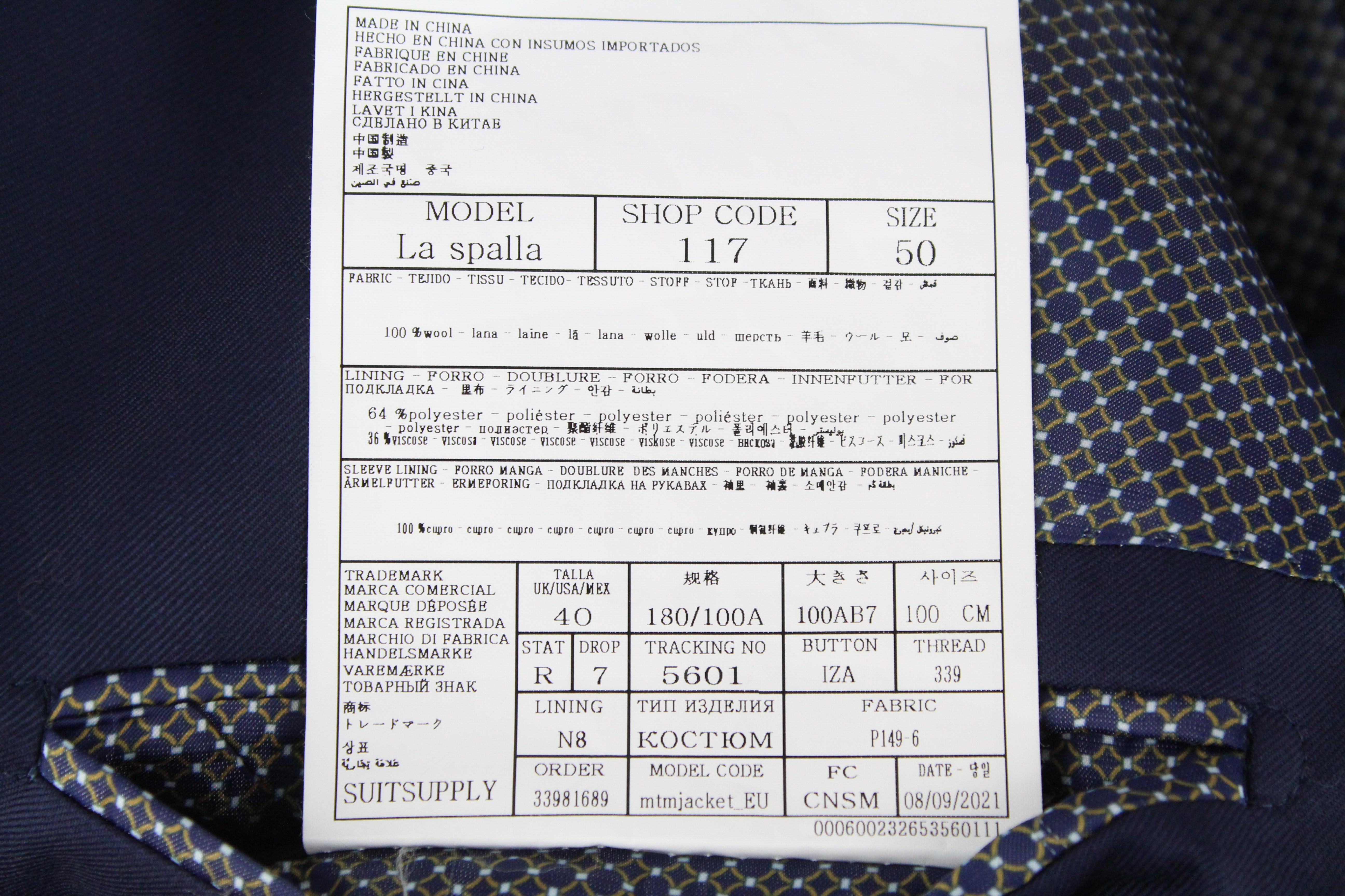 SUITSUPPLY La Spalla Men's Suit UK40R Blue Wool 2-Piece Lined Suit