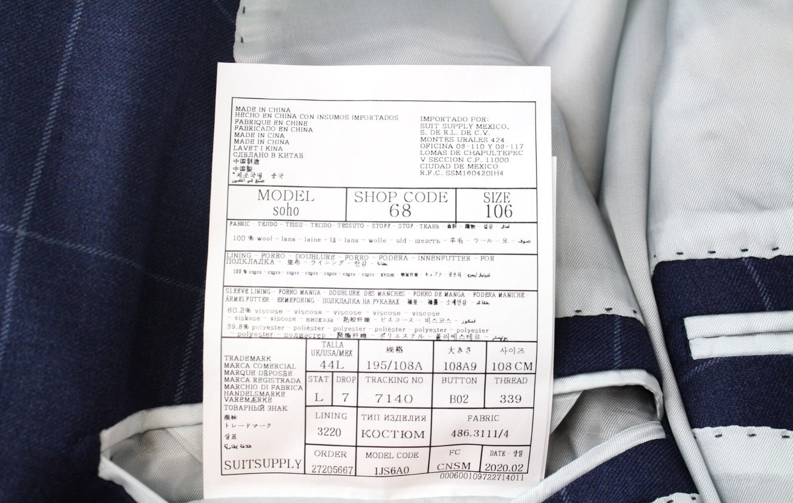 SUITSUPPLY Soho Men's Suit 2-Piece UK44L Blue Wool Double-Breasted Checked