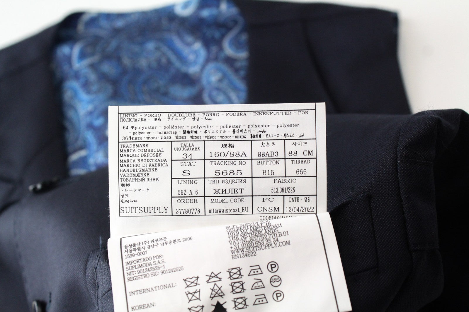 SUITSUPPLY Lazio La Spalla Men's Suit UK34R Blue Navy Slim Wool 3 Piece