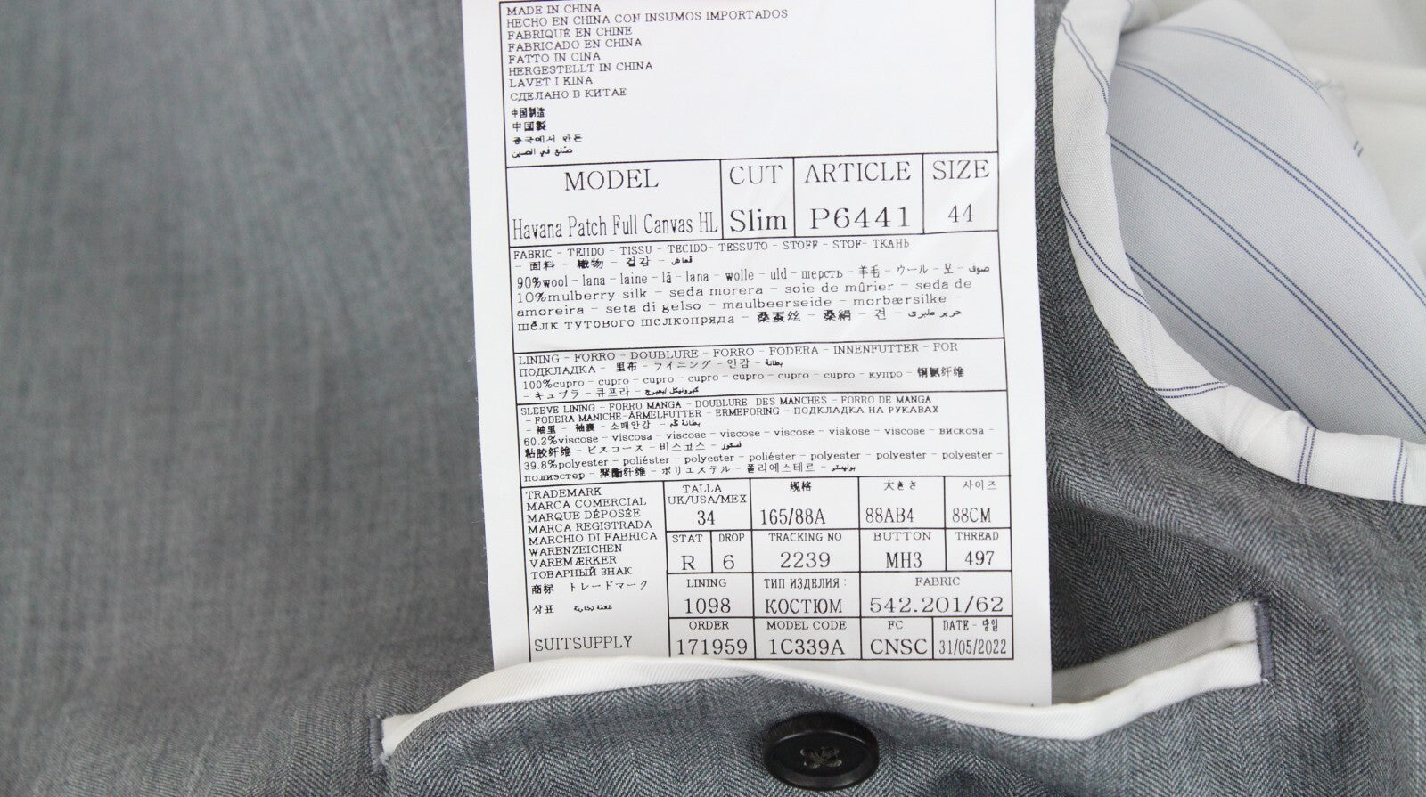 SUITSUPPLY Havana Patch Men's Suit UK34R Grey Wool Silk Slim 2-Piece