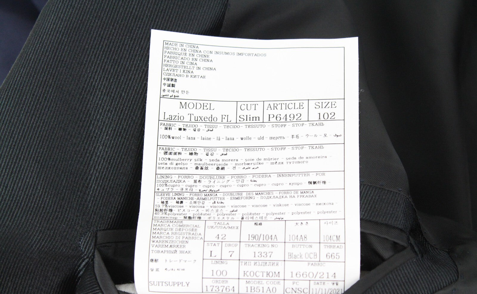 SUITSUPPLY Lazio Tuxedo Men's Suit UK42L Blue Wool Slim 3-Piece S130