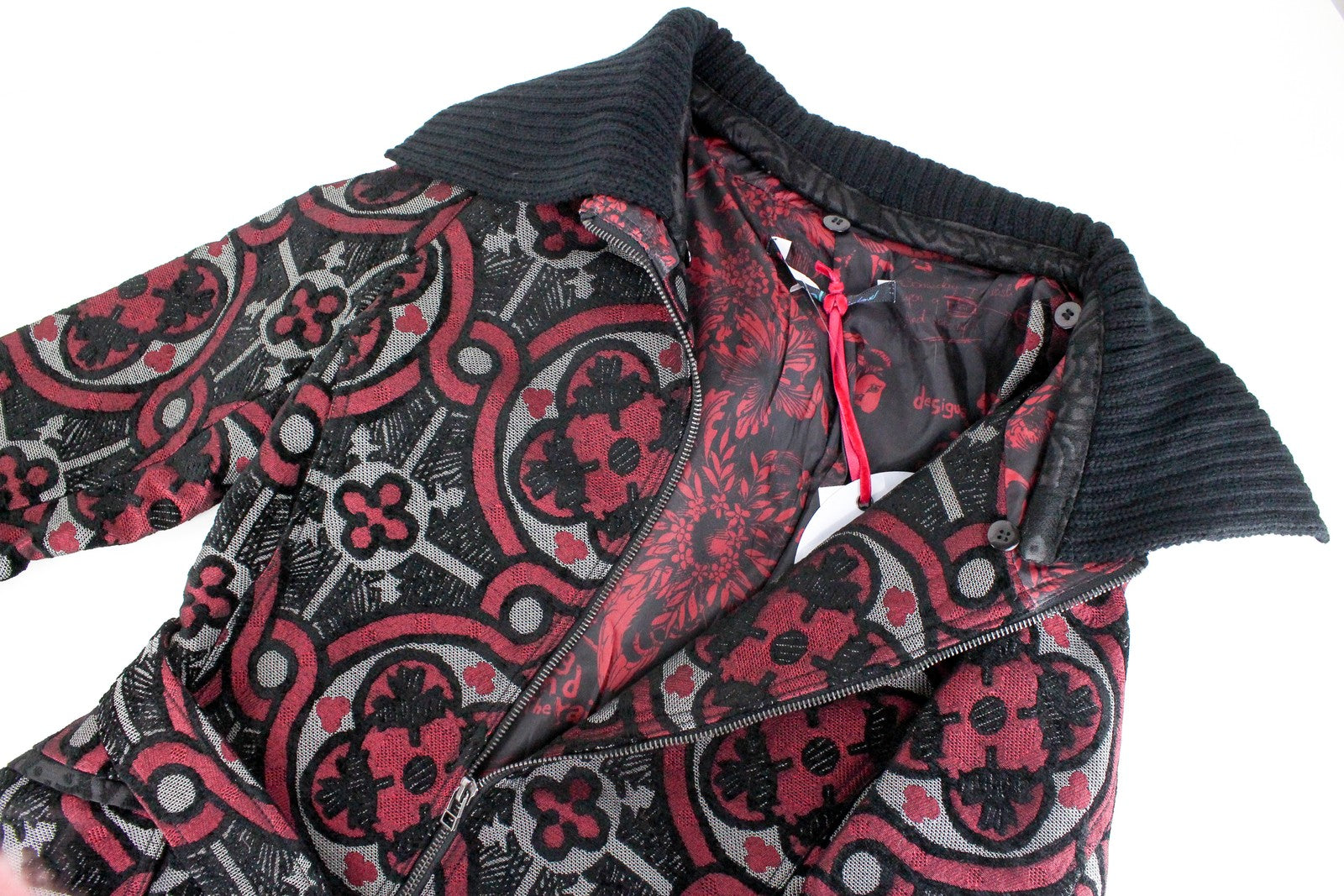 DESIGUAL Sagitario Women's Coat ~38 Hooded Red/Grey Zip Patterned