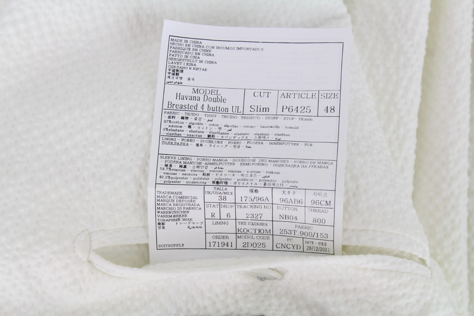 SUITSUPPLY Havana Men's Suit UK38R Off-White Stretch Slim Cotton 2-Piece Fit