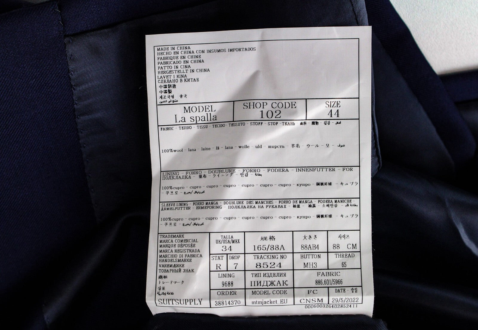 SUITSUPPLY La Spalla Men's Suit UK34R Blue Pure Wool Slim 2-Piece Perennial Fit