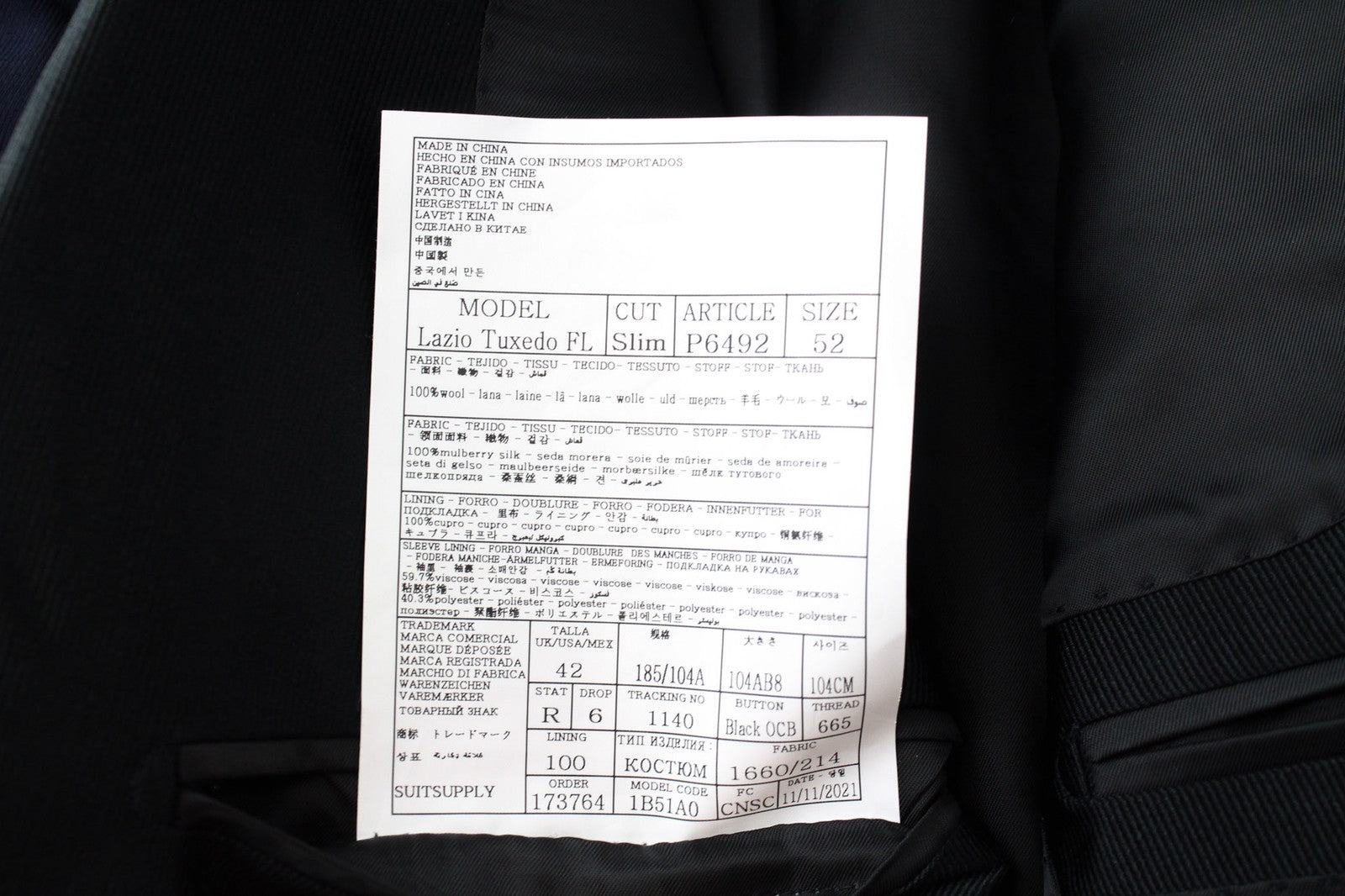 SUITSUPPLY Lazio Men's Suit UK42R Blue S130 Wool Slim Tux 3-Piece Formal Style