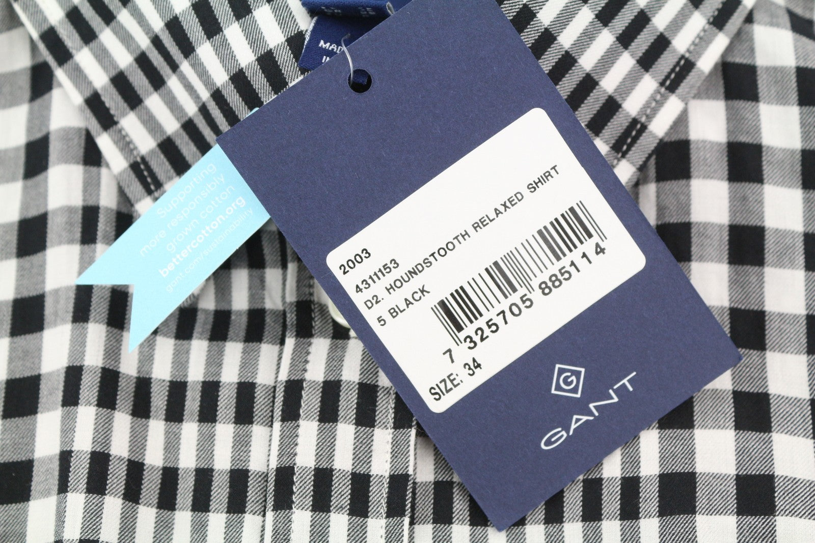 GANT „Houndstooth Relaxed“ moteriški marškinėliai, EU34, ploni flaneliniai, su sagomis ir platėjančia apykakle 