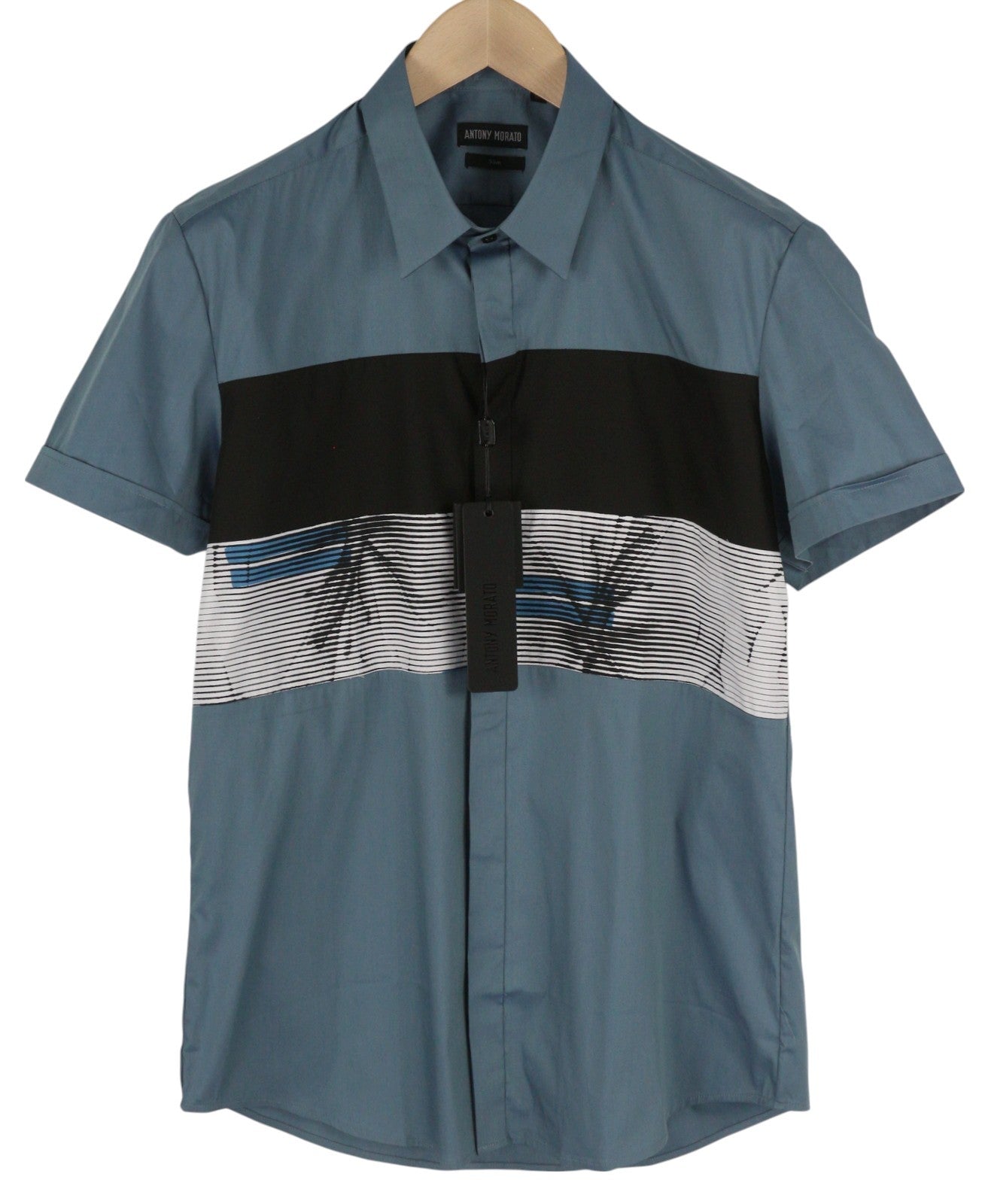 ANTONY MORATO Avio Men Shirt L Blue Slim Fit Short Sleeve Button-Up Patterned