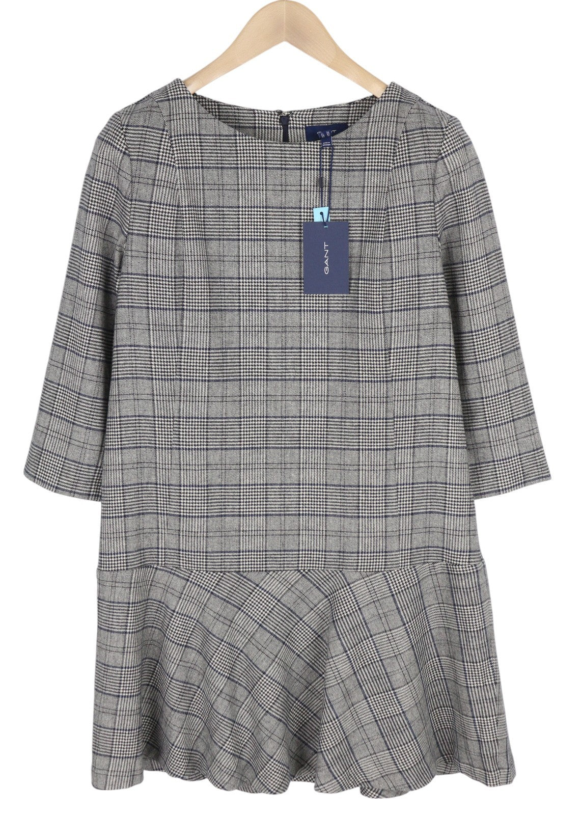 GANT Checked Flare Women Dress EU38 Grey 3/4 Sleeve Round Neck Plaid Print Mini